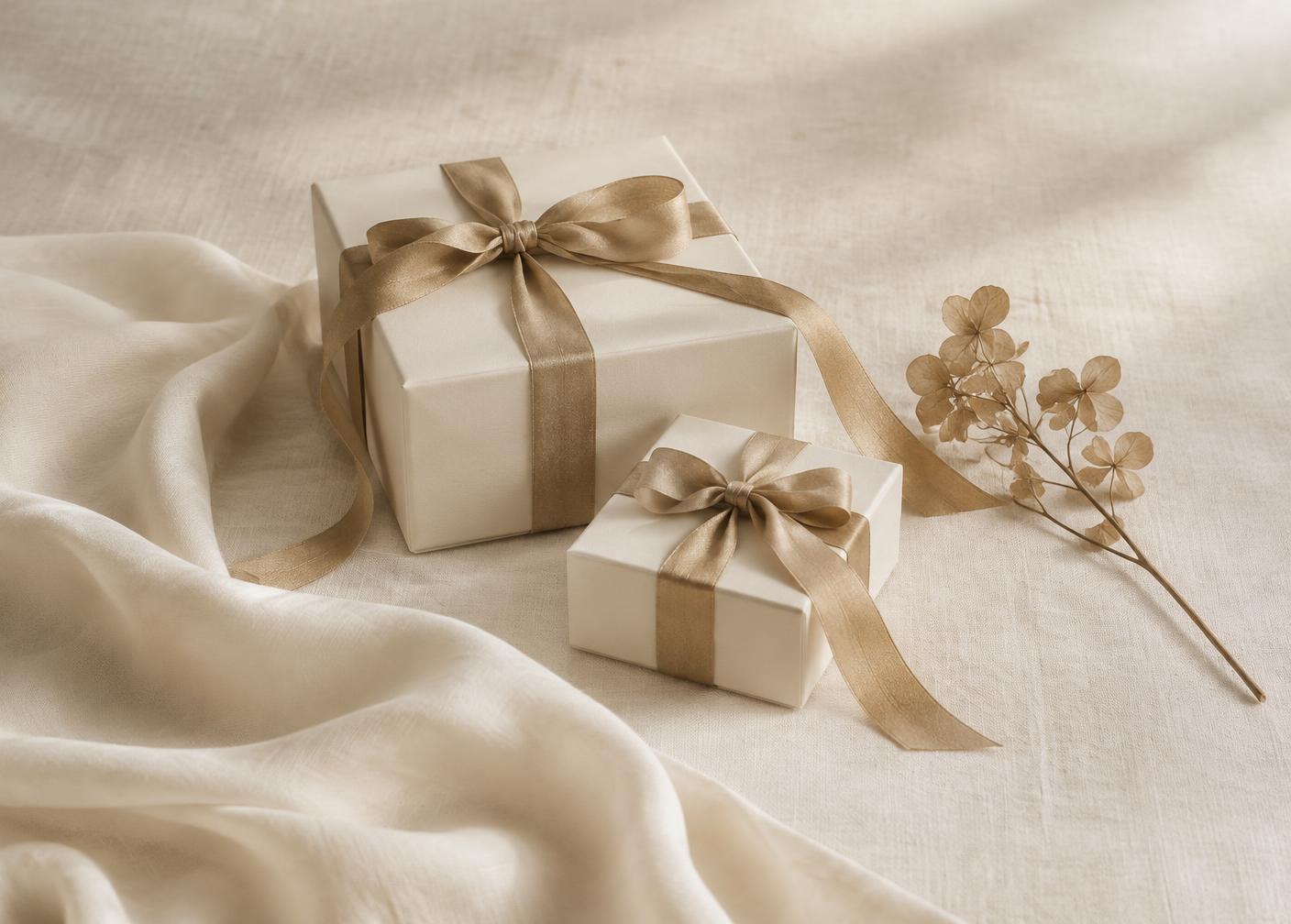 Ivory presentation boxes tied with antique gold ribbon beside draped silk