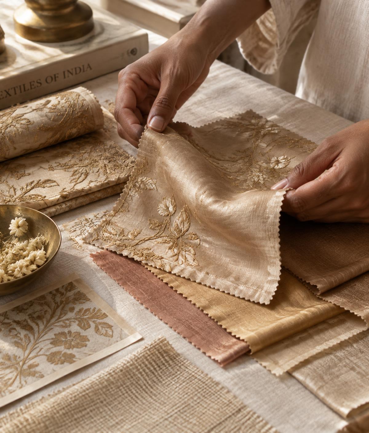 Hands selecting embroidered silk swatches on a linen table