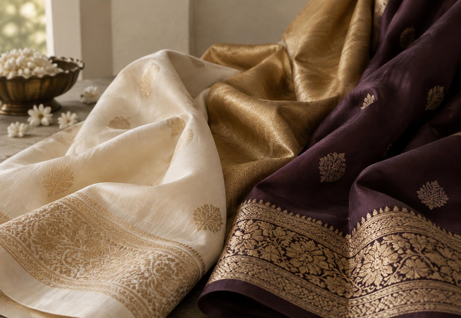 Layered ivory, gold and plum silks with woven zari borders