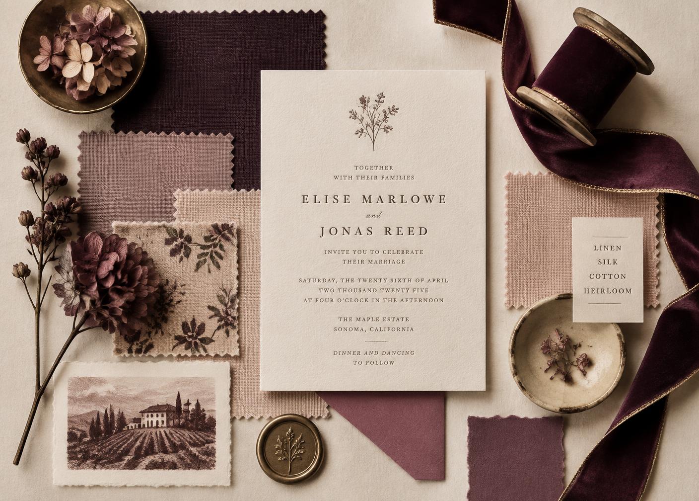Moodboard of fabric swatches, dried florals and an invitation card