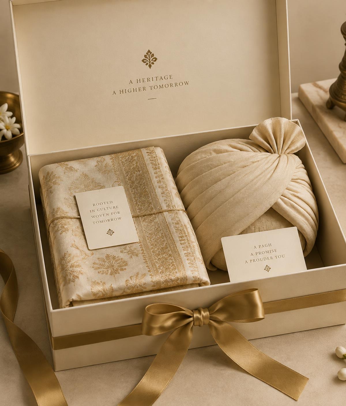 Presentation box with folded silk and a pagh, tied with gold ribbon