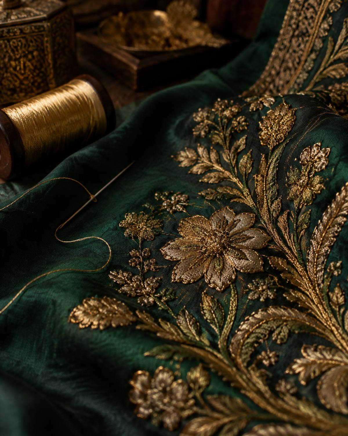 Gold zari hand embroidery on deep emerald silk