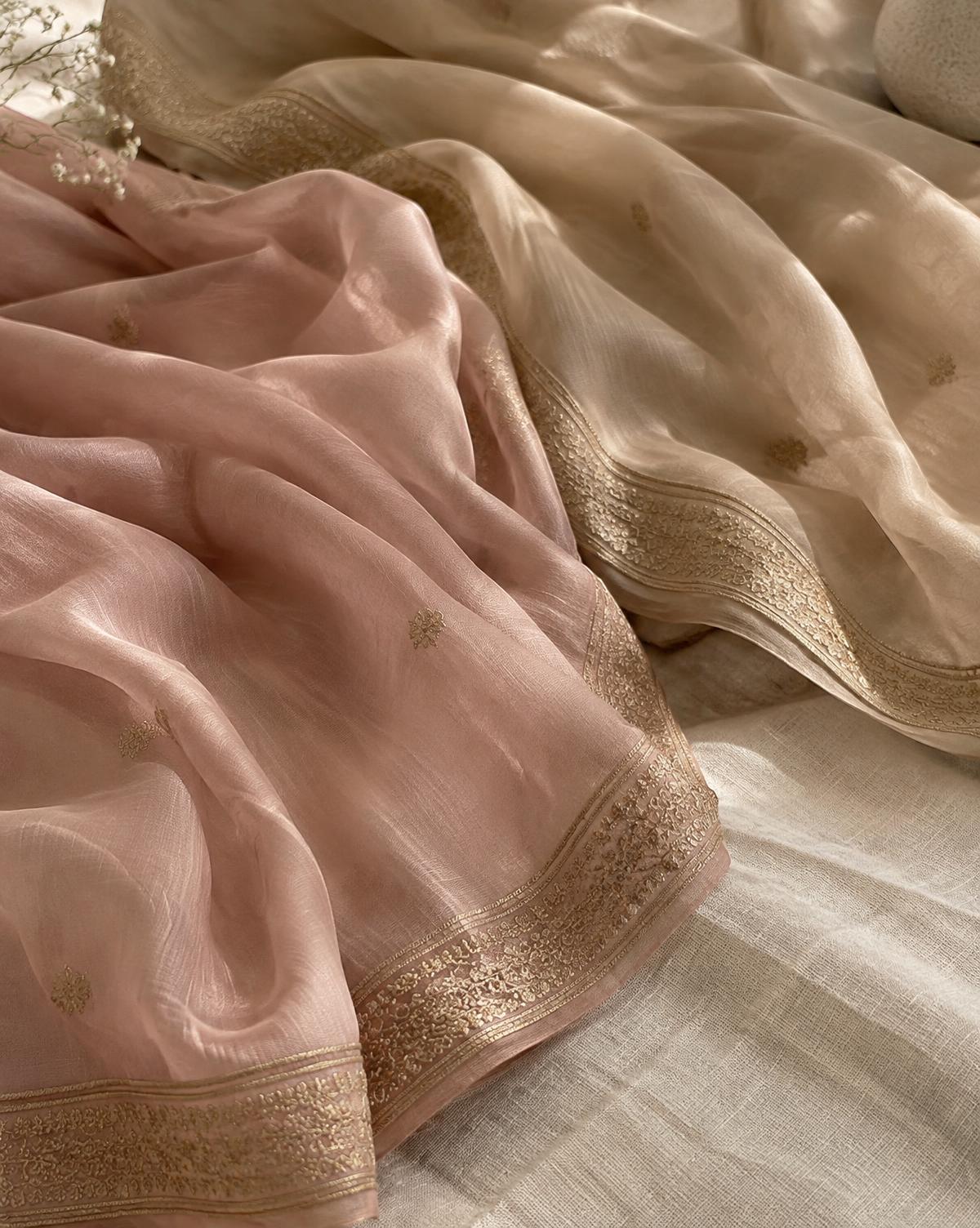 Blush and ivory silk dupattas with fine gold zari borders