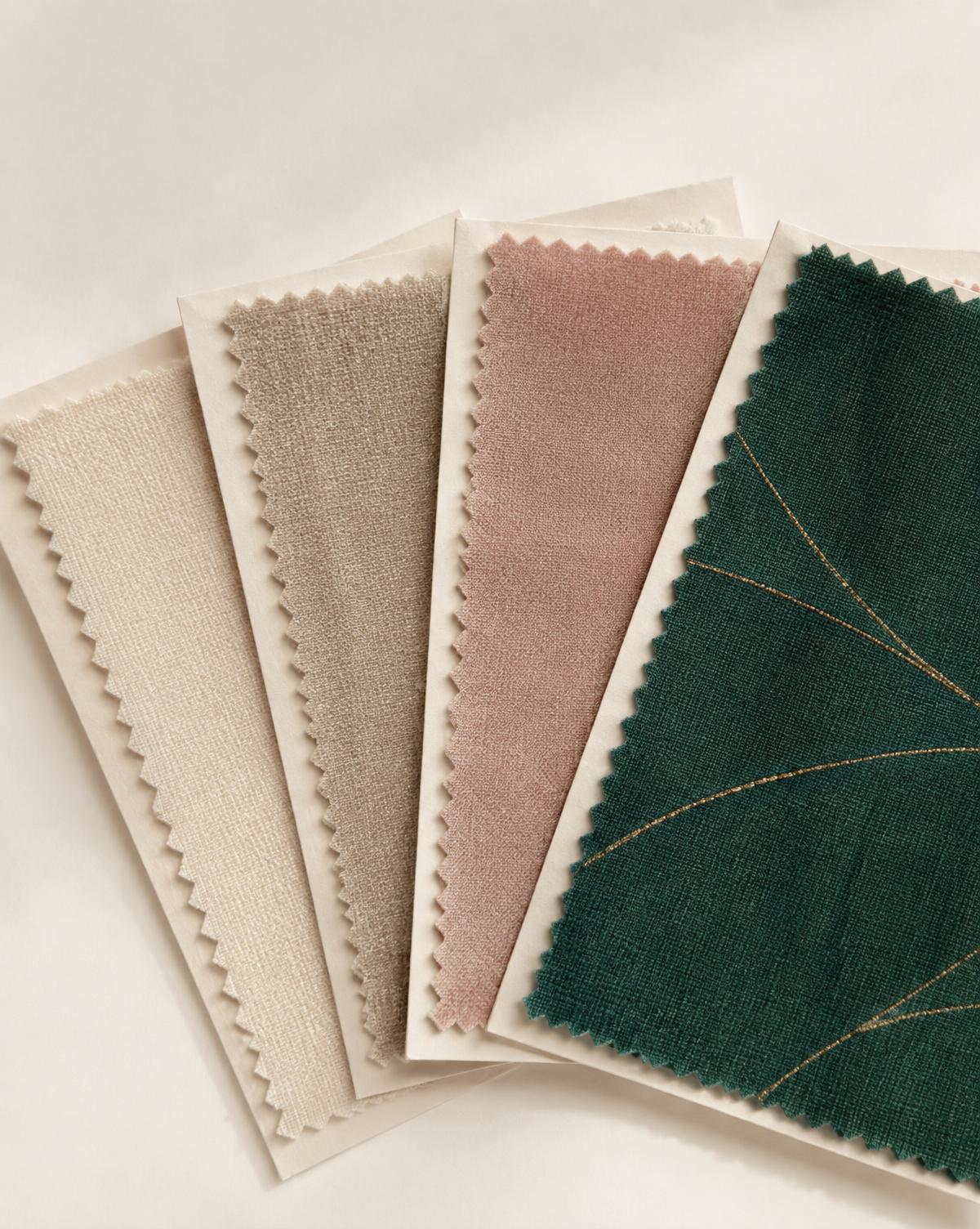 Fabric swatch cards in ivory, sandstone, blush and emerald